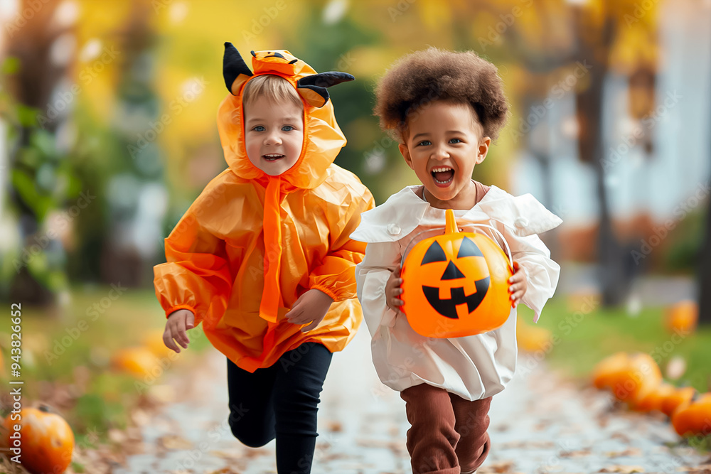 Wall mural two children dressed in colorful halloween costumes run excitedly along a leaf-strewn path, holding 