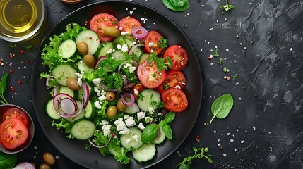 A dark plate showcasing a Mediterranean mix of cucumbers, olives, feta cheese, and tomatoes, drizzled with olive oil and sprinkled with oregano,