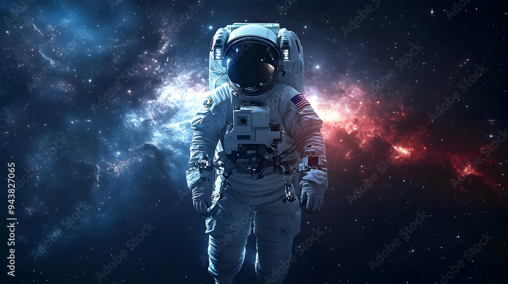 Poster astronaut floating in space against a starry background.