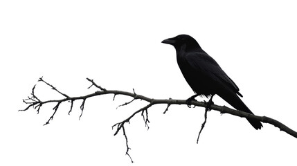 Graceful Raven Silhouette Perched on Branch Against White Background