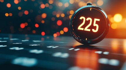 Digital countdown clock displaying 225 against a blurred background of colorful lights, representing time and urgency.