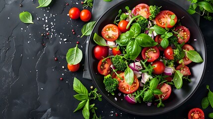 A dark plate showcasing a mix of cherry, heirloom, and grape tomatoes, combined with fresh basil and mozzarella, presented elegantly with the vibrant colors standing out against the background,