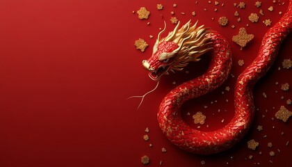 Obraz premium Stunning red dragon sculpture on red background decorated with golden flowers, representing power and cultural symbolism.