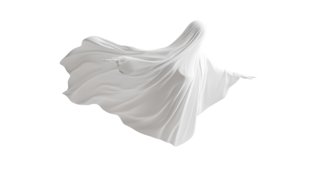 Ethereal Ghostly Figure in White Sheet Floating on White Background