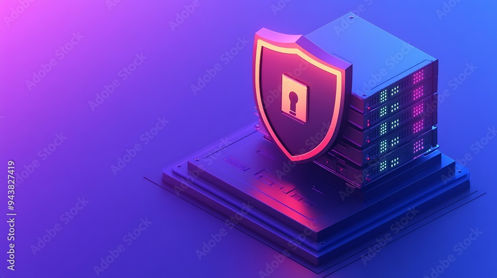 Poster a 3d illustration of a server with a security shield, representing data protection and cybersecurity