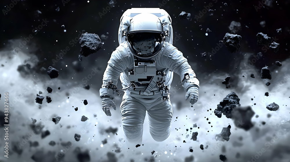 Poster astronaut floating in space amidst a field of asteroids.