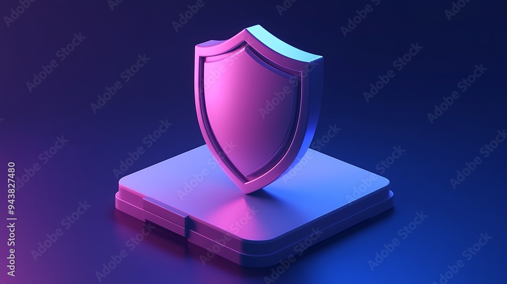 Poster a 3d-rendered shield icon on a platform, symbolizing cybersecurity and data protection, set against 