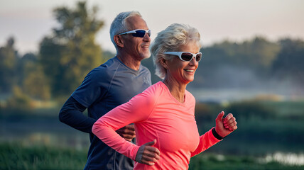 Fototapeta premium Happy close-up of a senior couple enjoying a morning run, showcasing their joyful expressions and active lifestyle