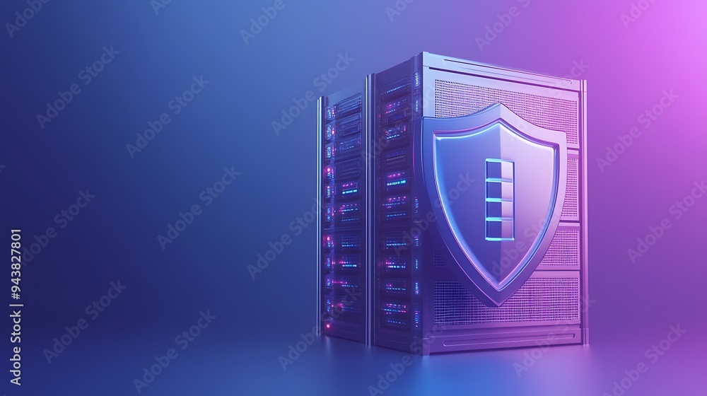 Poster a data server with a shield icon symbolizing cybersecurity and data protection in a blue and purple 