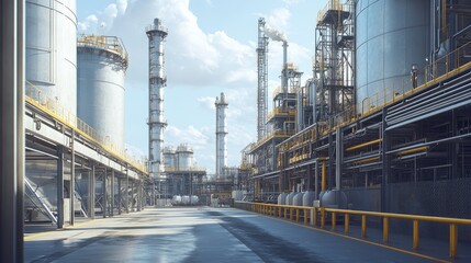 Obraz premium An expansive view of a refinery with massive silos, highlighting the functional architecture of an industrial facility.