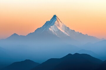 A Snow-Capped Mountain Peak Against a Soft Orange Sky