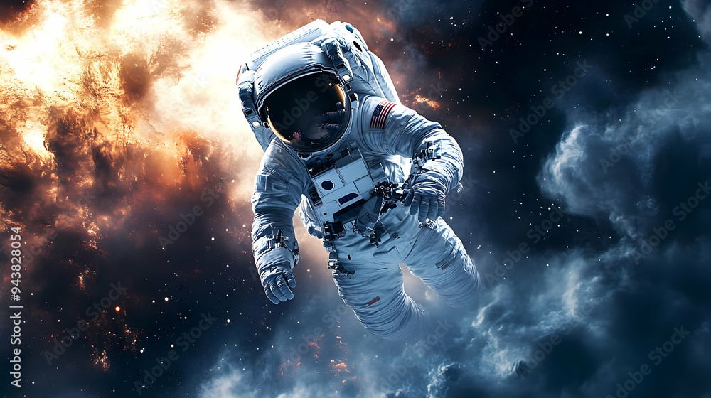 Poster astronaut floating in space with a bright nebula behind them.
