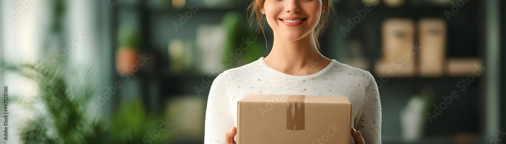 Poster person with delivery box and smiling customer service concept as a person holding a delivery box wit