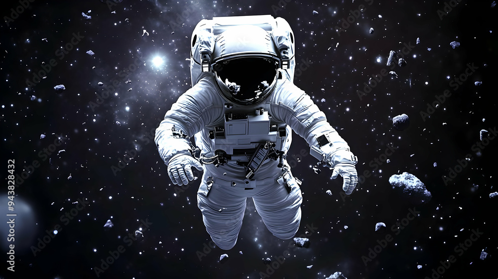Poster astronaut floating in space with a dark background and stars.