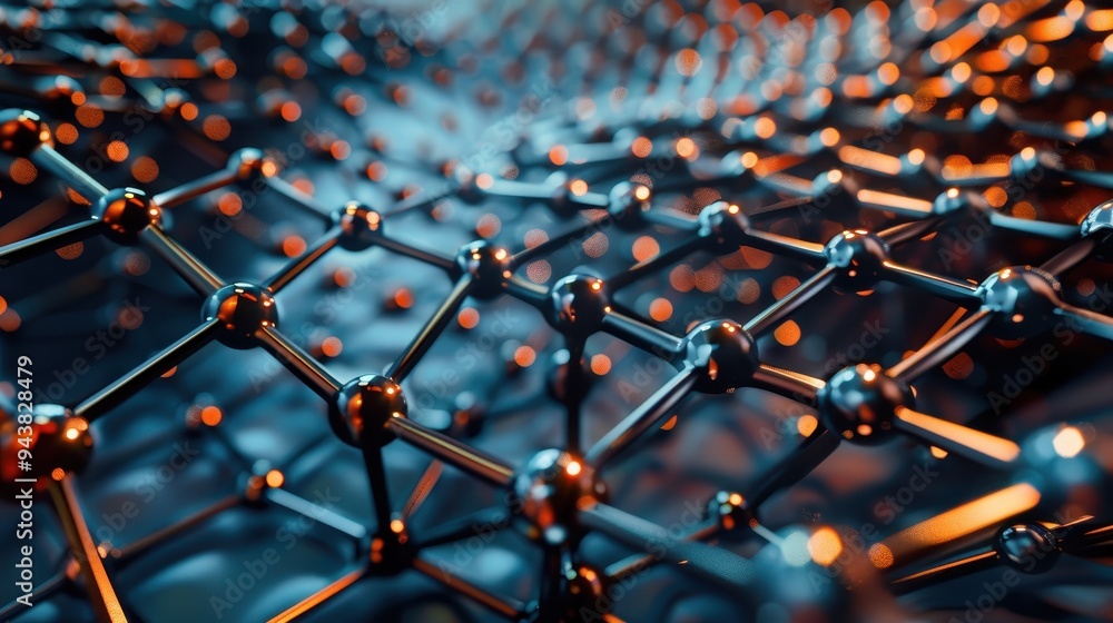 Poster abstract close-up of a molecular structure with metallic nodes and bonds, showcasing advanced nanote