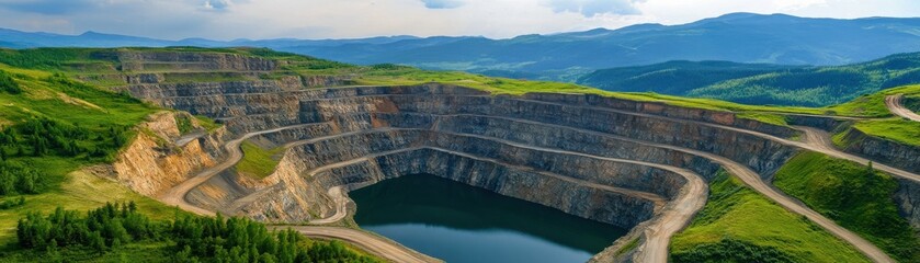 A breathtaking view of a large open-pit mine surrounded by lush green hills and a serene lake under a bright blue sky.