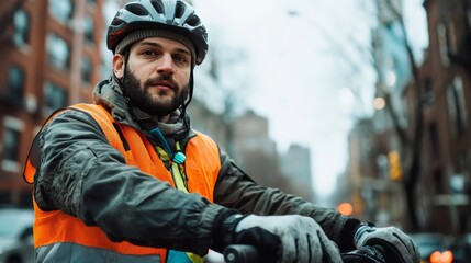 Fototapeta premium Delivery Person Prioritizing Safety with Protective Gear in Urban Environment