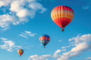 Obraz premium Three Hot Air Balloons Soaring Through a Blue Sky with White Clouds