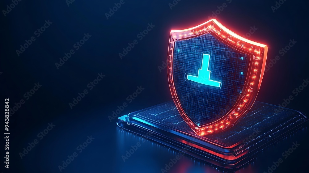 Poster a glowing digital shield on a futuristic circuit board symbolizing cybersecurity and data protection