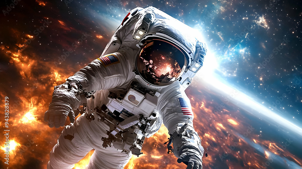 Poster astronaut floating in space with a galaxy behind him.