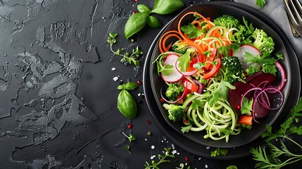A dark plate showcasing a mix of spiralized zucchini, carrots, and beets, lightly dressed with lemon and olive oil, presented elegantly with the vibrant colors standing out against the background,