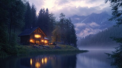 Fototapeta premium A cozy wooden cabin in the forest, its lights reflected in a serene lake, with misty mountains as the backdrop.