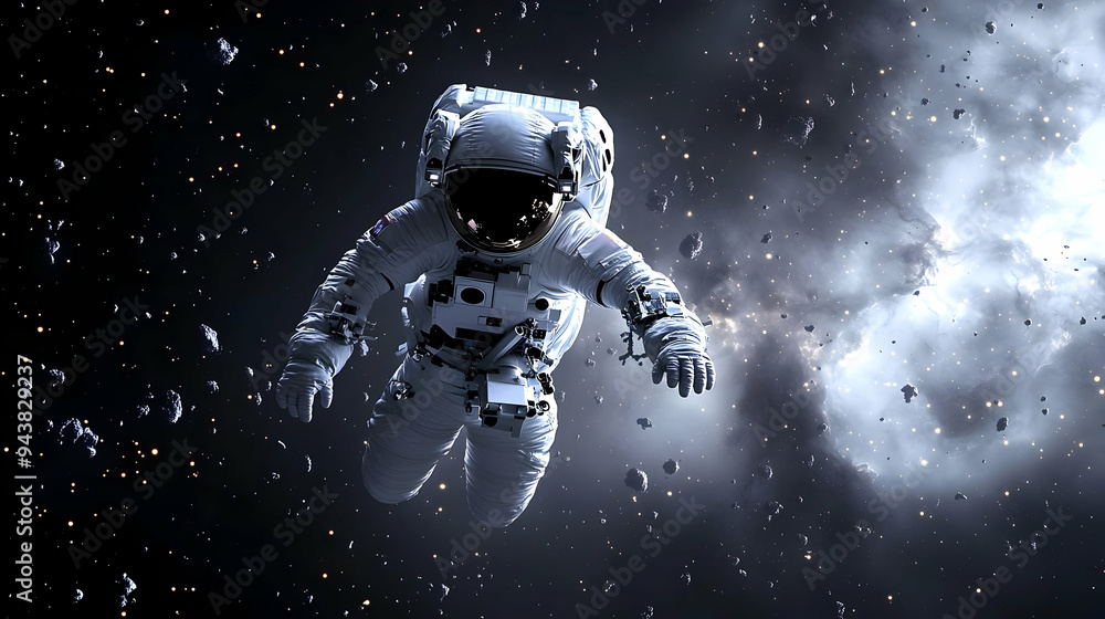 Aufkleber astronaut floating in space with a nebula in the background.