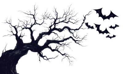 Obraz premium Eerie Spooky Tree with Bats Silhouetted on White Background