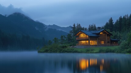 Obraz premium An illuminated wooden house sits by a calm lake, its reflection shimmering in the water, with foggy mountains providing a serene backdrop at dusk.