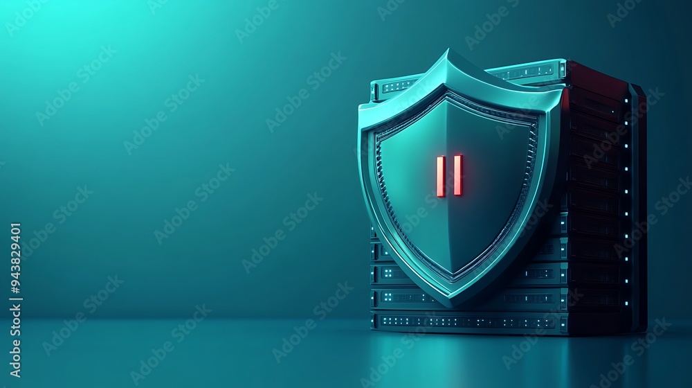 Poster a high-tech shield icon with a pause button symbolizing cybersecurity protection, placed against a f