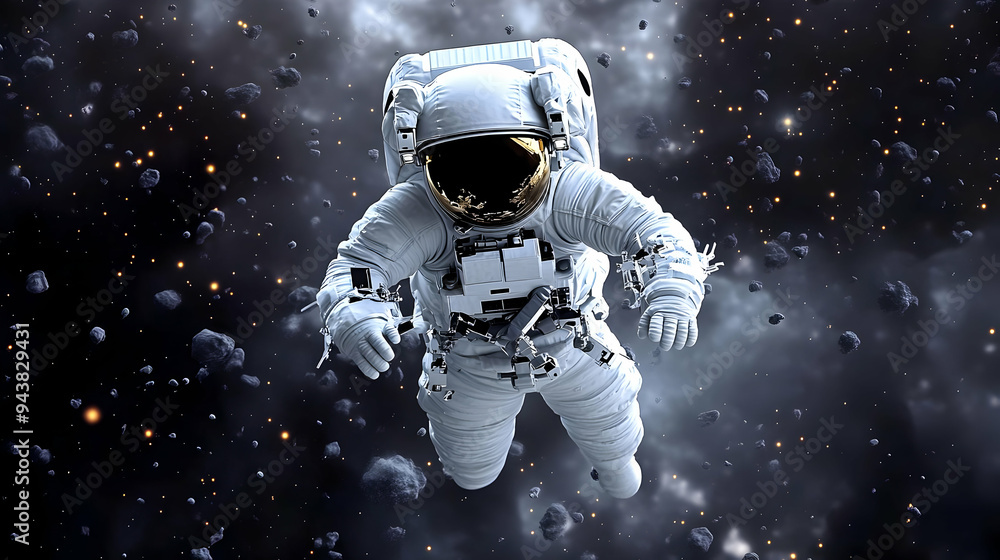 Poster astronaut floating in space with a starry background.