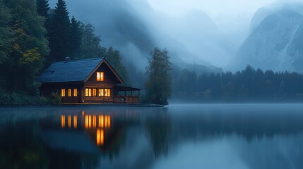 Fototapeta premium An illuminated wooden house sits by a calm lake, its reflection shimmering in the water, with foggy mountains providing a serene backdrop at dusk.