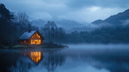 Fototapeta premium An illuminated wooden house sits by a calm lake, its reflection shimmering in the water, with foggy mountains providing a serene backdrop at dusk.