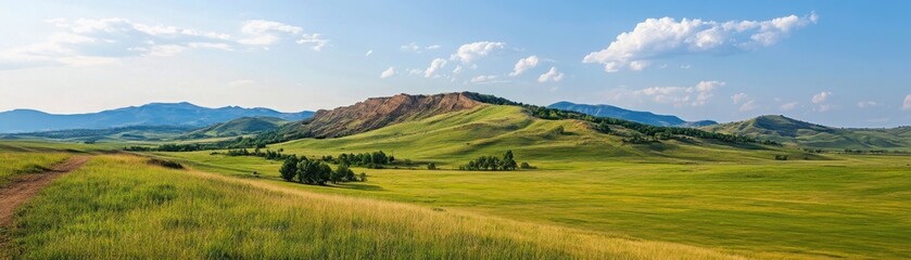Fototapeta premium A serene landscape featuring rolling hills, lush greenery, and a bright blue sky, perfect for nature enthusiasts and outdoor lovers.