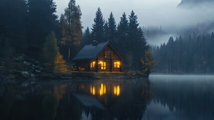 Fototapeta premium A cozy wooden cabin in the forest, its lights reflected in a serene lake, with misty mountains as the backdrop.
