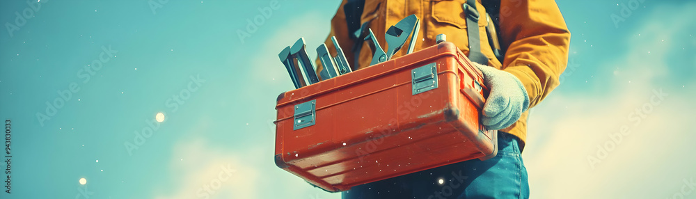 Fototapete Person with Hovering Toolbox and Tools concept as A person holding a hovering toolbox with tools floating around set against a blank background providing ample space for text or graphics symbolizing t