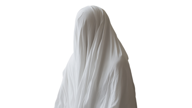 Eerie Ghostly Figure in White Sheet on Ethereal Background