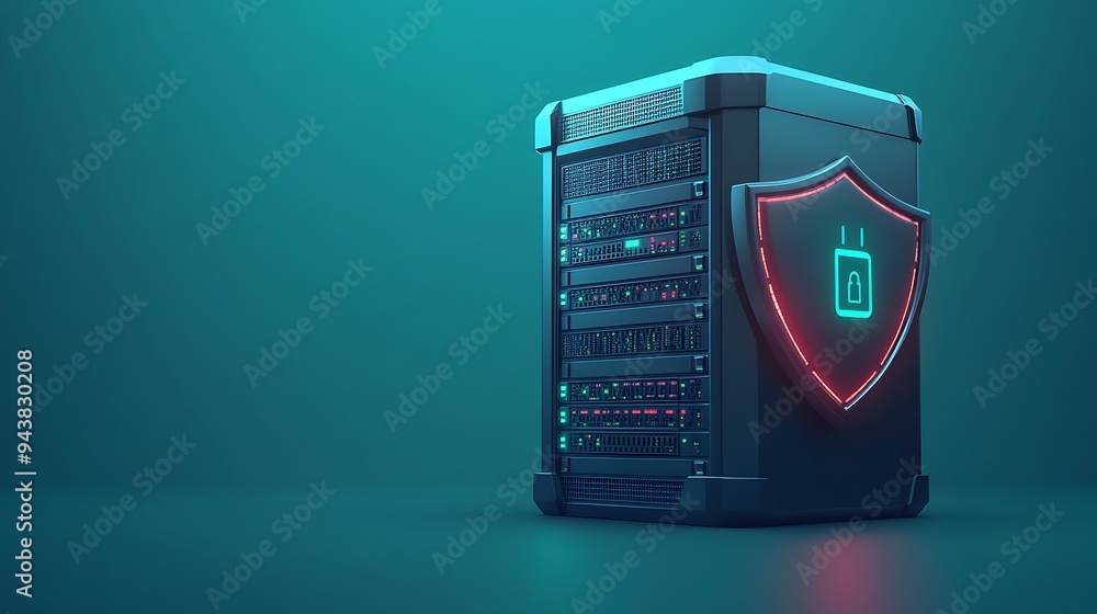 Aufkleber a secure server tower with a glowing shield symbol, representing robust cybersecurity measures and d