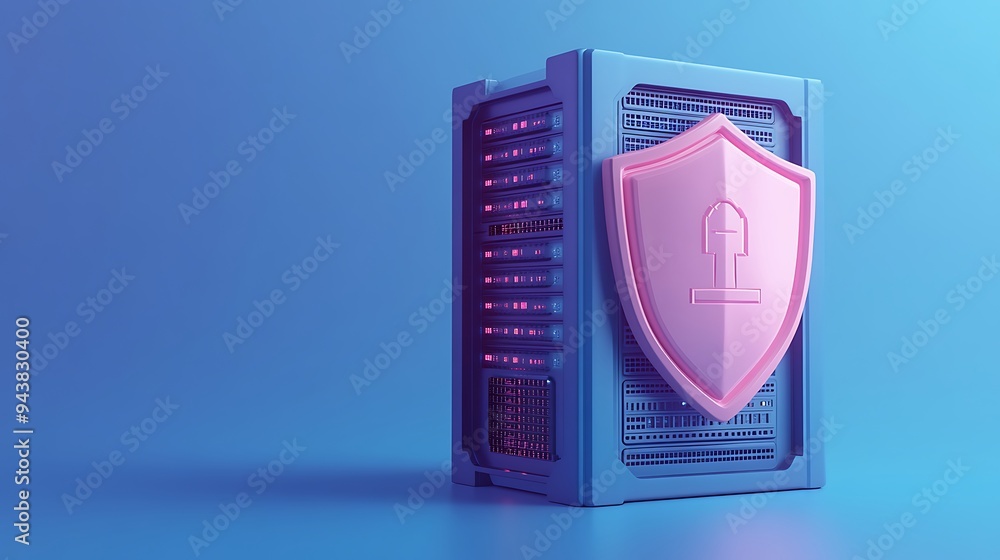 Aufkleber a server rack with a pink shield symbolizing data security and protection on a blue background, high