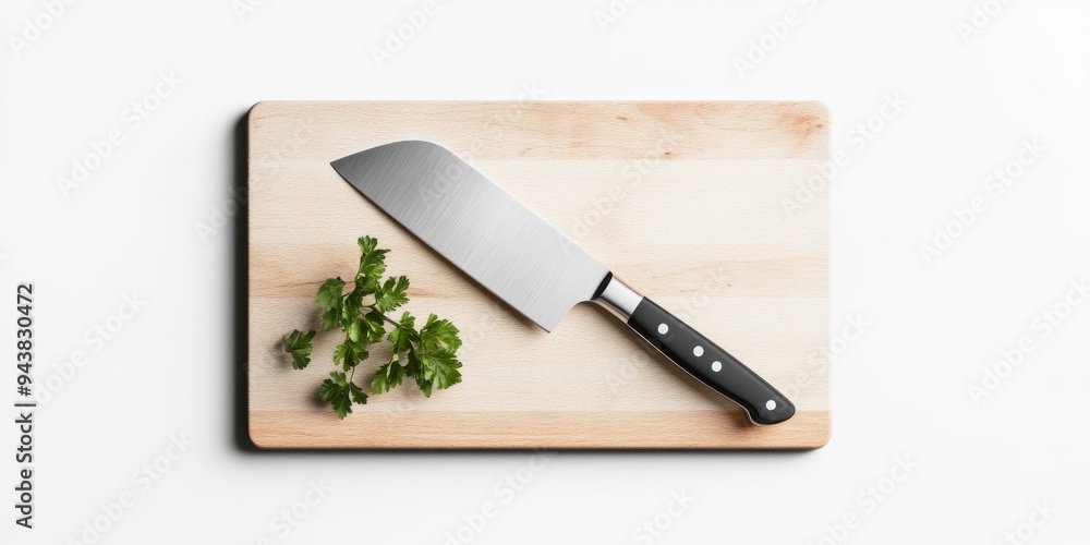Poster a 3d simple style icon of a metallic meat cleaver resting on a white cutting board isolated on a whi