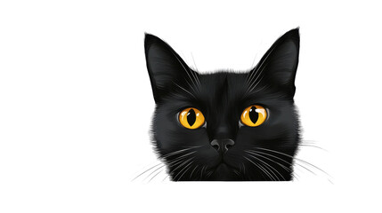 Mysterious Black Cat with Glowing Yellow Eyes on White Background