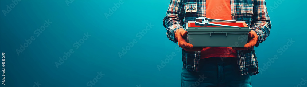 Poster person with hovering toolbox and tools concept as a person holding a hovering toolbox with tools flo