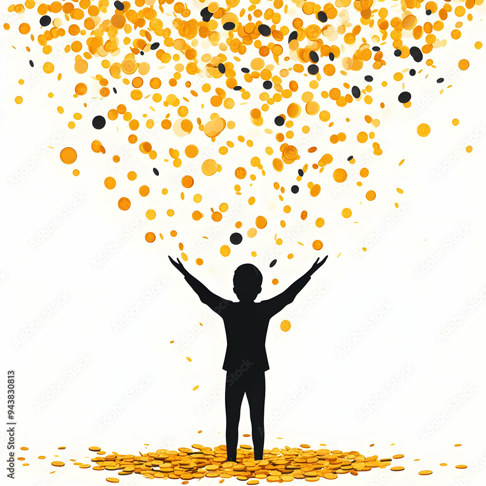 Poster person showered in coins concept as a person being showered in gold coins with a clean background pr