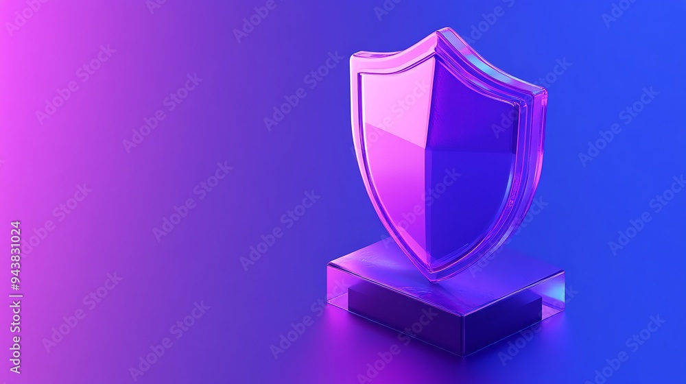 Poster abstract 3d illustration of a glowing purple shield on a gradient background, symbolizing security a