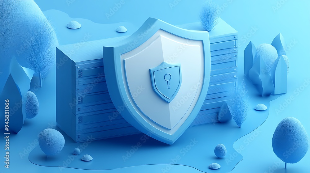 Poster abstract blue illustration of a security shield in a minimalistic environment, symbolizing data prot