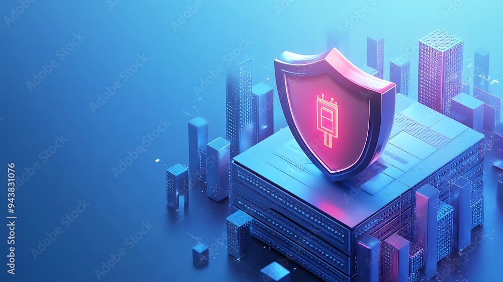 Poster abstract cybersecurity concept with digital shield and electronic elements, representing data protec