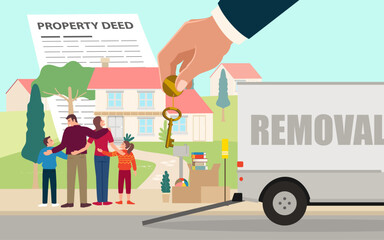 Simple flat cartoon illustration of a joyful family moving into a new house, with a giant hand giving them a golden key. The background features a deed, symbolizing homeownership