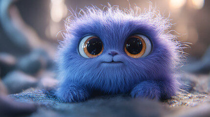 A cute, fluffy, purple monster with big eyes, a playful and huggable toy for children.