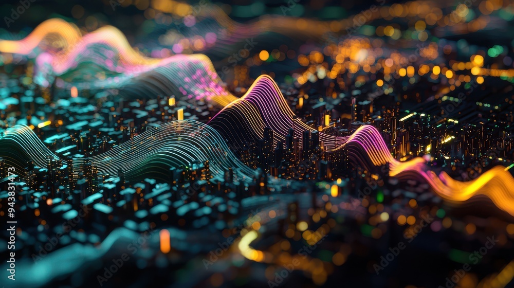 Aufkleber A visually striking digital landscape featuring colorful waveforms and glowing data points, representing futuristic data flow and connectivity.
