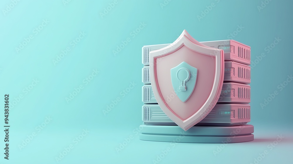 Poster abstract illustration of data security with a shield icon overlaying a stack of servers. minimalisti